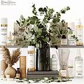 Daily Skincare And Bath Essentials On Organized Shelf With Eucalyptus Plant And Pampas Grass