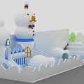 Snow Themed Children's Playground With Snowman Figure Slides Blue Ball Pit And Green Tree