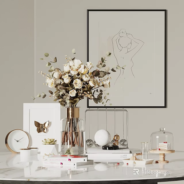 Elegant Decorative Ornament Set With Flower Bouquet Golden Vase Butterfly Decor And Line Art Painting 3d model 