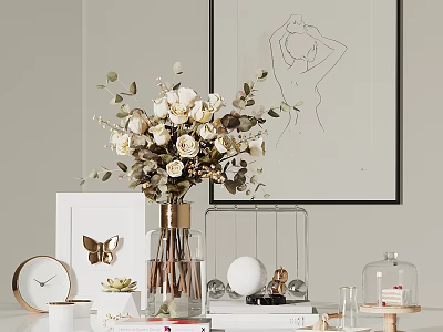 Elegant Decorative Ornament Set With Flower Bouquet Golden Vase Butterfly Decor And Line Art Painting 3d model