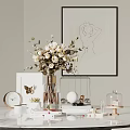 Elegant Decorative Ornament Set With Flower Bouquet Golden Vase Butterfly Decor And Line Art Painting