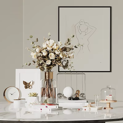 Elegant Decorative Ornament Set With Flower Bouquet Golden Vase Butterfly Decor And Line Art Painting 3d model