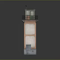 Light Colored Two Story Watchtower With Orange Trim Gray Base Green Windows And Top Railing