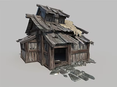 Old Weathered Wooden House With Broken Roof And Scattered Stones 3d model