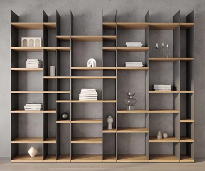 Modern Gray And Wooden Bookcase With Open Shelves And Decorative Accents 3d model