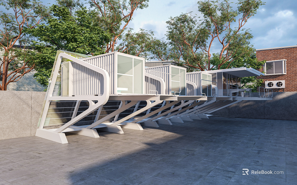 Modern Open Container Station Featuring Glass Windows And Lush Green Trees 3d model 