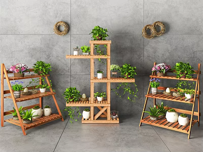 Succulent Plants Arranged on Wooden Plant Stands in Modern Indoor Garden 3d model