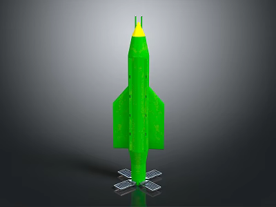 Green Rocket Model 3D Rendering with Yellow Nose Cone and Silver Stand Base 3d model