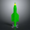 Green Rocket Model 3D Rendering with Yellow Nose Cone and Silver Stand Base