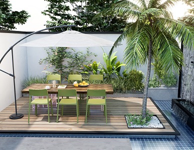 Modern Courtyard Outdoor Table and Chair Combination Plant Stack Outdoor Chair Plant Combination with Parasol 3d model