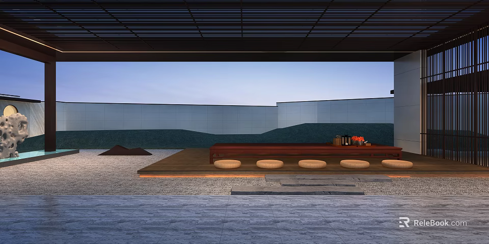 Serene Lounge Area With Wooden Platform Round Cushions Small Table Gray Walls And Mountain View 3d model 