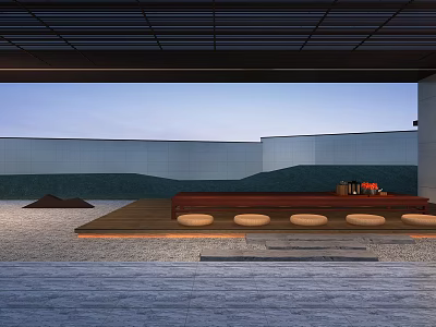 Serene Lounge Area With Wooden Platform Round Cushions Small Table Gray Walls And Mountain View 3d model