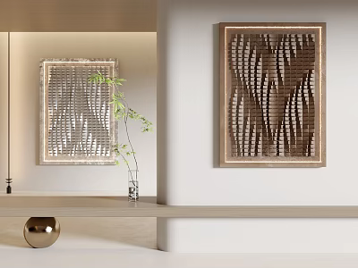 Modern Wooden Wall Decor With Wavy Pattern White Wall Green Plant And Sphere 3d model