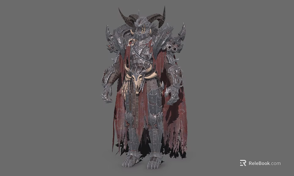 Dark Fantasy Horned Armored Game Movie Character With Metallic Armor And Tattered Red Cloak 3d model 