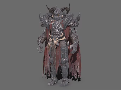 Dark Fantasy Horned Armored Game Movie Character With Metallic Armor And Tattered Red Cloak 3d model