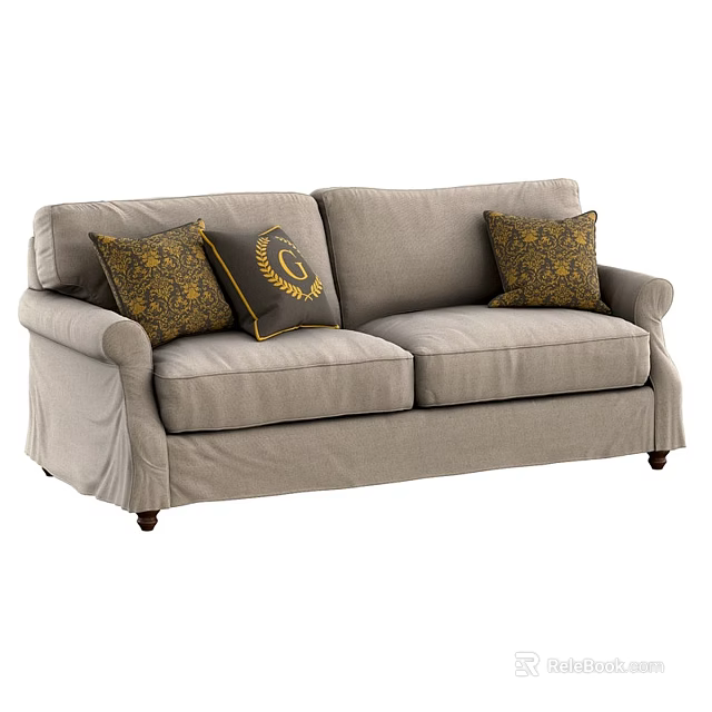 Classic Light Gray Two Seater Sofa With Yellow Black Patterned Decorative Pillows 3d model