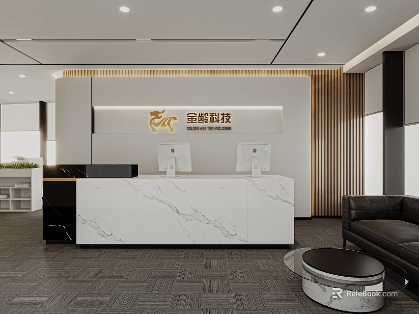 Elegant Modern Reception Desk with White Marble Countertop Golden Accents and Black Sofa 3d model 