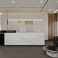 Elegant Modern Reception Desk with White Marble Countertop Golden Accents and Black Sofa