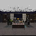 Elegant Clothing Store Interior With Dark Blue Walls Displayed Clothing Accessories Wooden Counter Chandelier And Comfortable Chairs