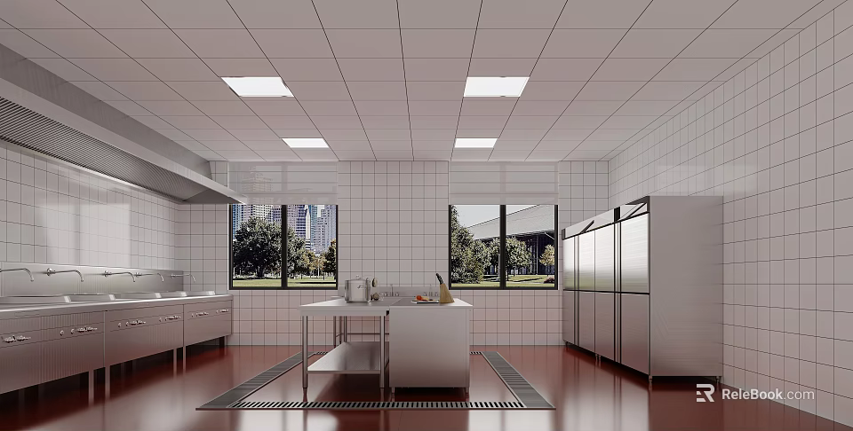 Commercial Kitchen Interior With Stainless Steel Equipment Tiled Walls Worktables And Ceiling Lighting 3d model 