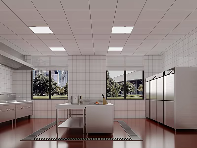 Commercial Kitchen Interior With Stainless Steel Equipment Tiled Walls Worktables And Ceiling Lighting 3d model