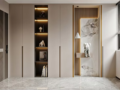 Modern Elegant Foyer Hallway Interior Design With Lit Cabinets Decorative Figurines And Marble Wall 3d model