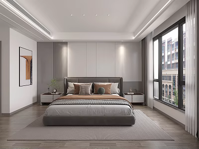 Modern Bedroom Interior Design With Bed Pillows Wooden Floor Large Window And Brown Painting 3d model