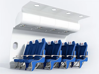 Airplane Cabin Interior With Blue Seats And Overhead Compartments Arrangement 3d model