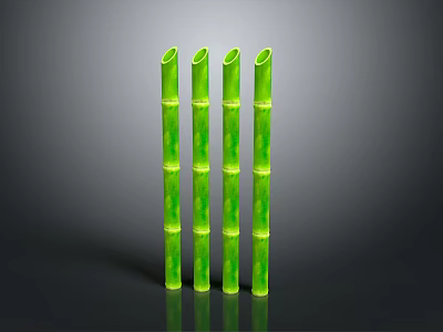 Five Tall Green Bamboo Stems With Shiny Surface Against Dark Background 3d model