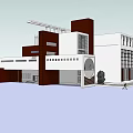 Modern Library Building With Geometric Facade Large Glass Windows And Sculptural Accent
