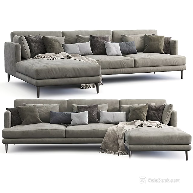 Grey Sectional Sofa with Multiple Plush Cushions Soft Blanket and Modern Design 3d model