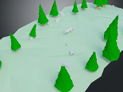 Low Poly Cartoon Scene Featuring Green Trees White Animal and Snowy Ground 3d model