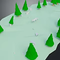 Low Poly Cartoon Scene Featuring Green Trees White Animal and Snowy Ground
