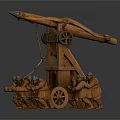 Medieval Siege Weapon Wooden Catapult With Wheels Operated By Soldiers Historical War Machinery