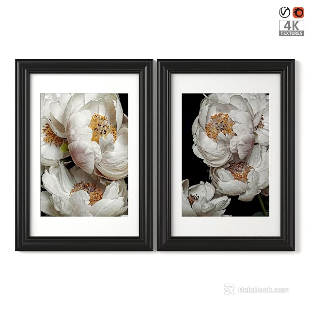 Two Black Frames With White Peony Flower Prints For Wall Decor 3d model 