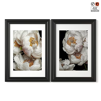 Two Black Frames With White Peony Flower Prints For Wall Decor 3d model