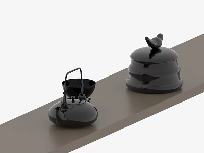 Elegant Black Modern Tea Set With Bird Shaped Lid On Brown Surface 3d model