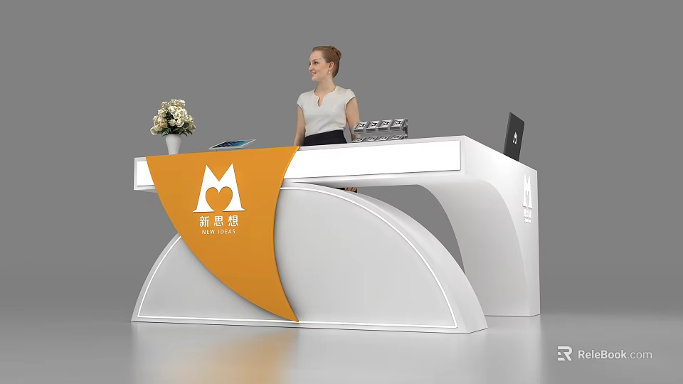 Exhibition Reception Desk With Female Staff Laptop And Flower Decoration 3d model 