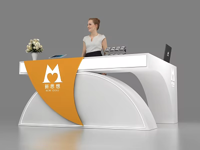 Exhibition Reception Desk With Female Staff Laptop And Flower Decoration 3d model
