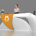 Exhibition Reception Desk With Female Staff Laptop And Flower Decoration
