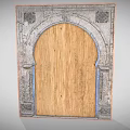 Blue Door With Gold Decorative Patterns And Arched Frame In Stone Wall