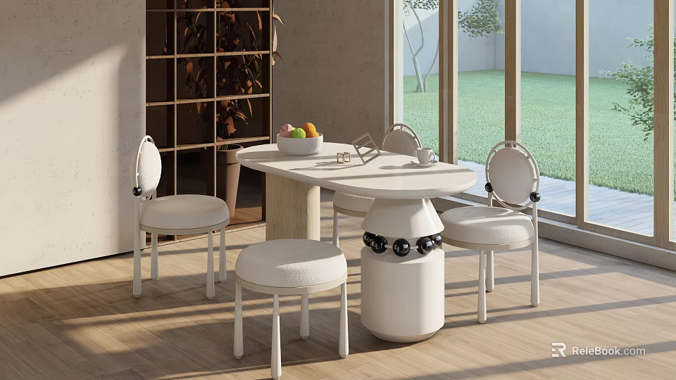 Modern White Round Dining Table Set With Stylish Chairs And Garden View 3d model