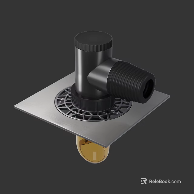 Stainless Steel Floor Drain With Black Connecting Pipe And Square Base 3d model 