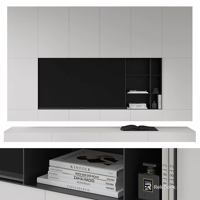 Sleek Modern White TV Wall Unit With Open Shelves And Storage Cabinets 3d model 