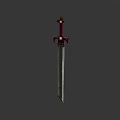 Medieval Sword With Red Hilt And Decorative Metal Blade On Dark Background