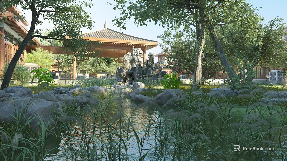 Tranquil Traditional Chinese Garden Landscape With Pond Water Rocks Trees And Pavilion Reflections 3d model 