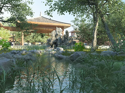 Tranquil Traditional Chinese Garden Landscape With Pond Water Rocks Trees And Pavilion Reflections 3d model