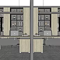 Modern Office Interior With Wooden Desks Laptops Bookshelves Cabinet Storage And Ceiling Lighting