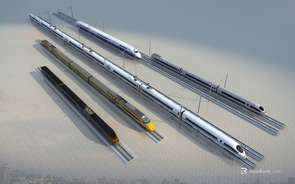 Modern High Speed Trains On Railway Tracks With Sleek Design And Varied Styles 3d model 