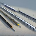Modern High Speed Trains On Railway Tracks With Sleek Design And Varied Styles